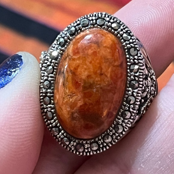 VTG NK Signed Sponge Coral Marcasite Sterling Silver 925 Size 9 3/4 Ring - Picture 9 of 9